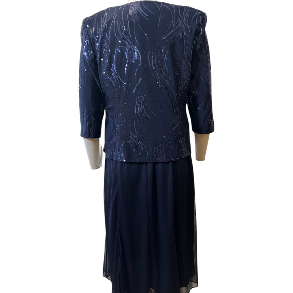 NWT ALEX EVENINGS Navy Blue Sequined A-ine Midi Petite Dress & Jacket - Size 12P - Picture 3 of 14